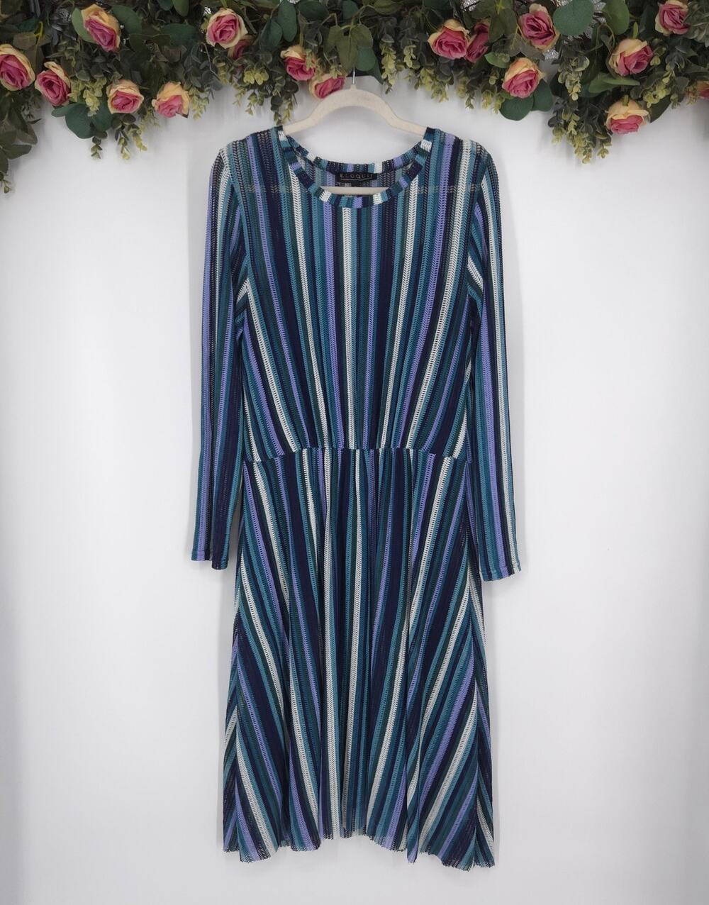 Eloquii Long Sleeve Blue Multi Color Striped Mesh Dress Size 14